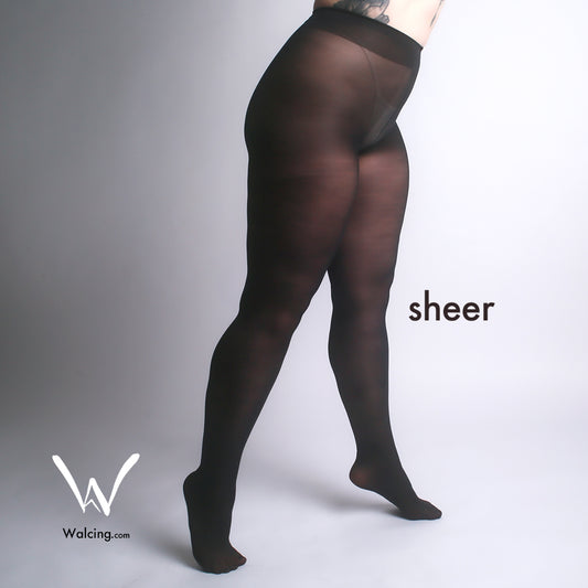 Black sheer tights worn by a model on a gray background with 'Walcing.com' branding.