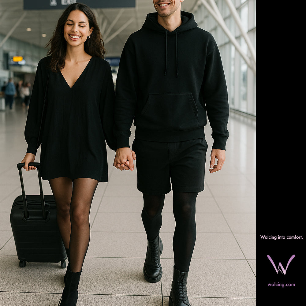 Two people walking together in an airport, both wearing black outfits. The woman is wearing black sheer walcing tights and the man is wearing black walcing opaque tights