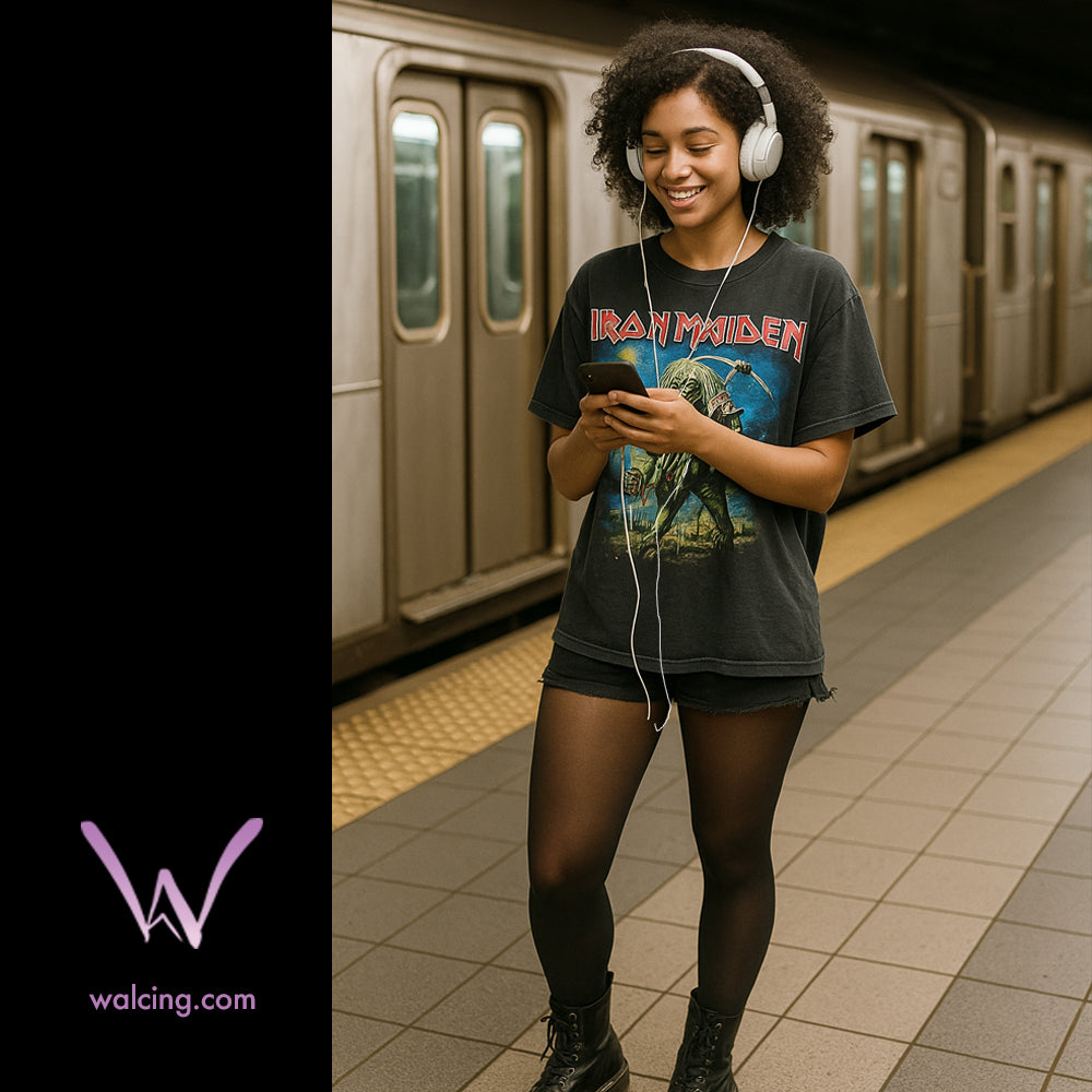 Woman in a subway station wearing sheer tights and headphones and an Iron Maiden t-shirt.