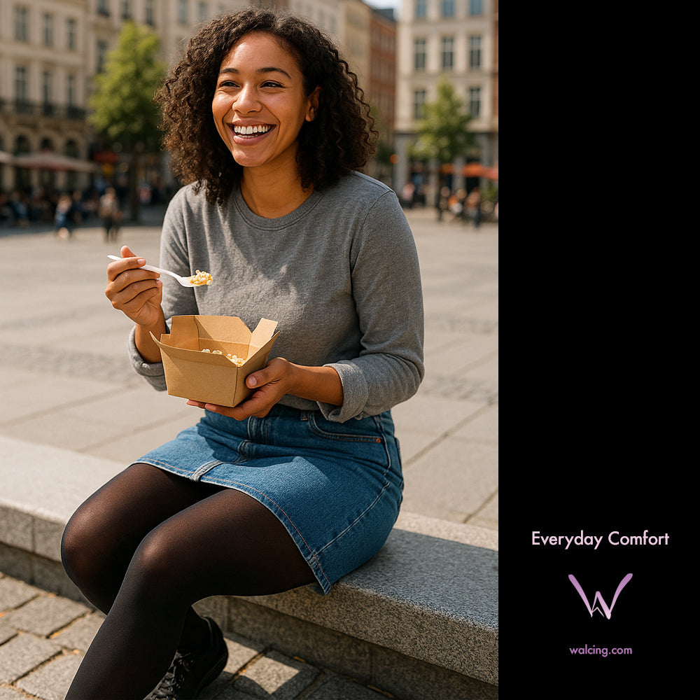 Woman sitting in sheer tights on a bench outdoors, holding a takeout container with 'Everyday Comfort' branding.